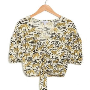 TOPSHOP Nordstrom NWT Tiger Animal Print Puff Sleeve Crop Tie Front Blouse